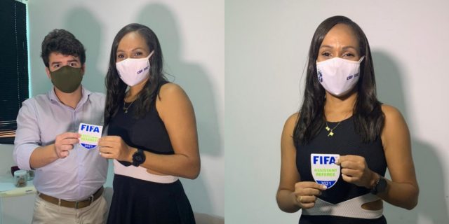 Árbitra assistente Brígida Cirilo recebe escudo FIFA